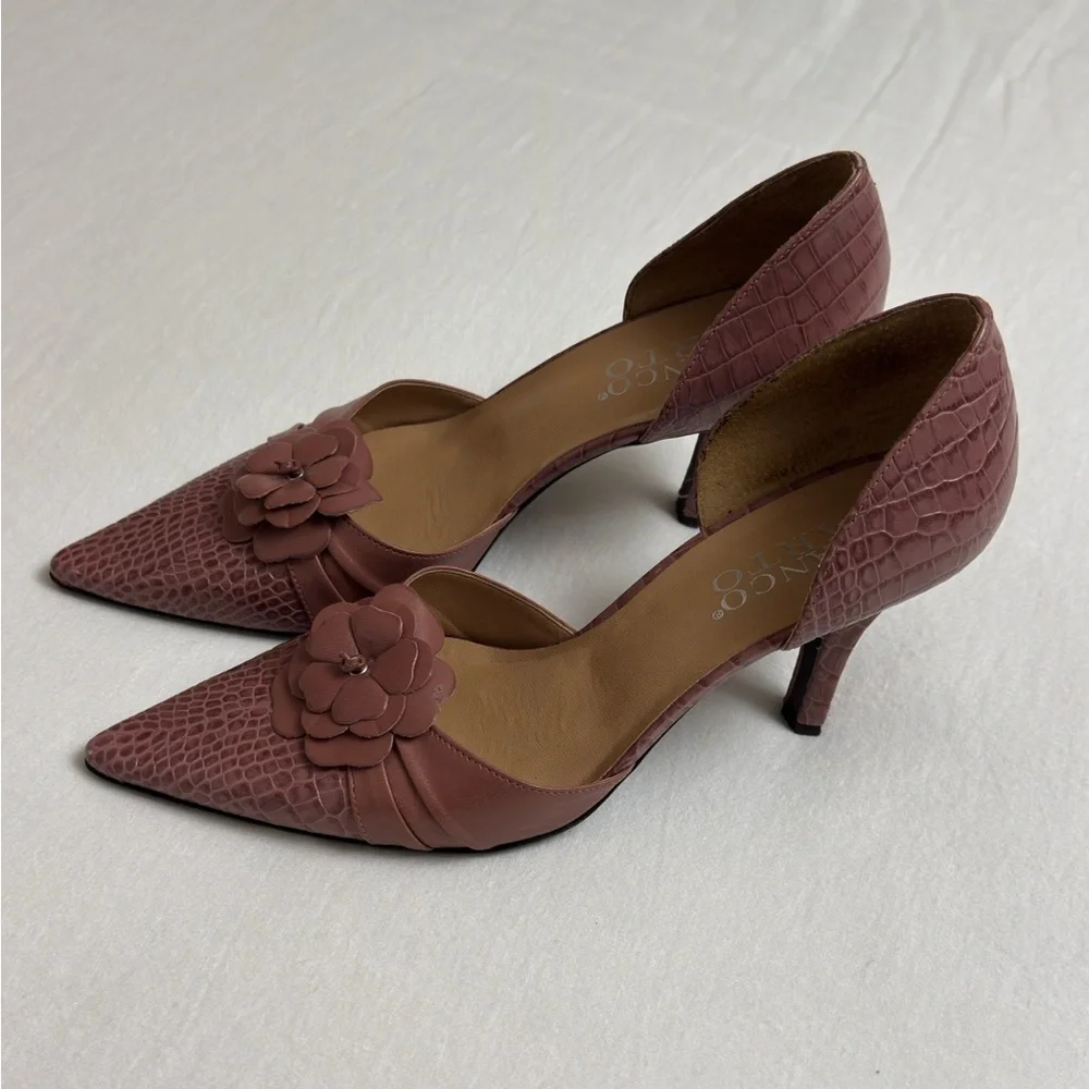 Vintage Franco Sarto Pink Leather Pointed Toe Floral Heels Size 8.5 Boho Retro - Picture 10 of 10
